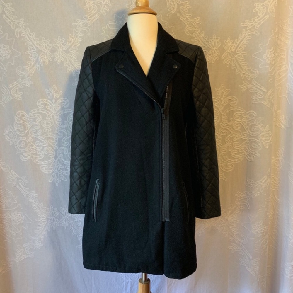 TROUVE Leather Quilted zip up long moto jacket